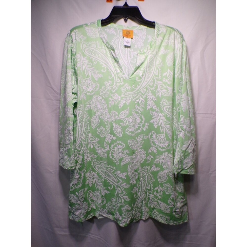 Ruby Rd Women's XL Green White Paisley Tunic Top V Neck 3/4 Sleeve